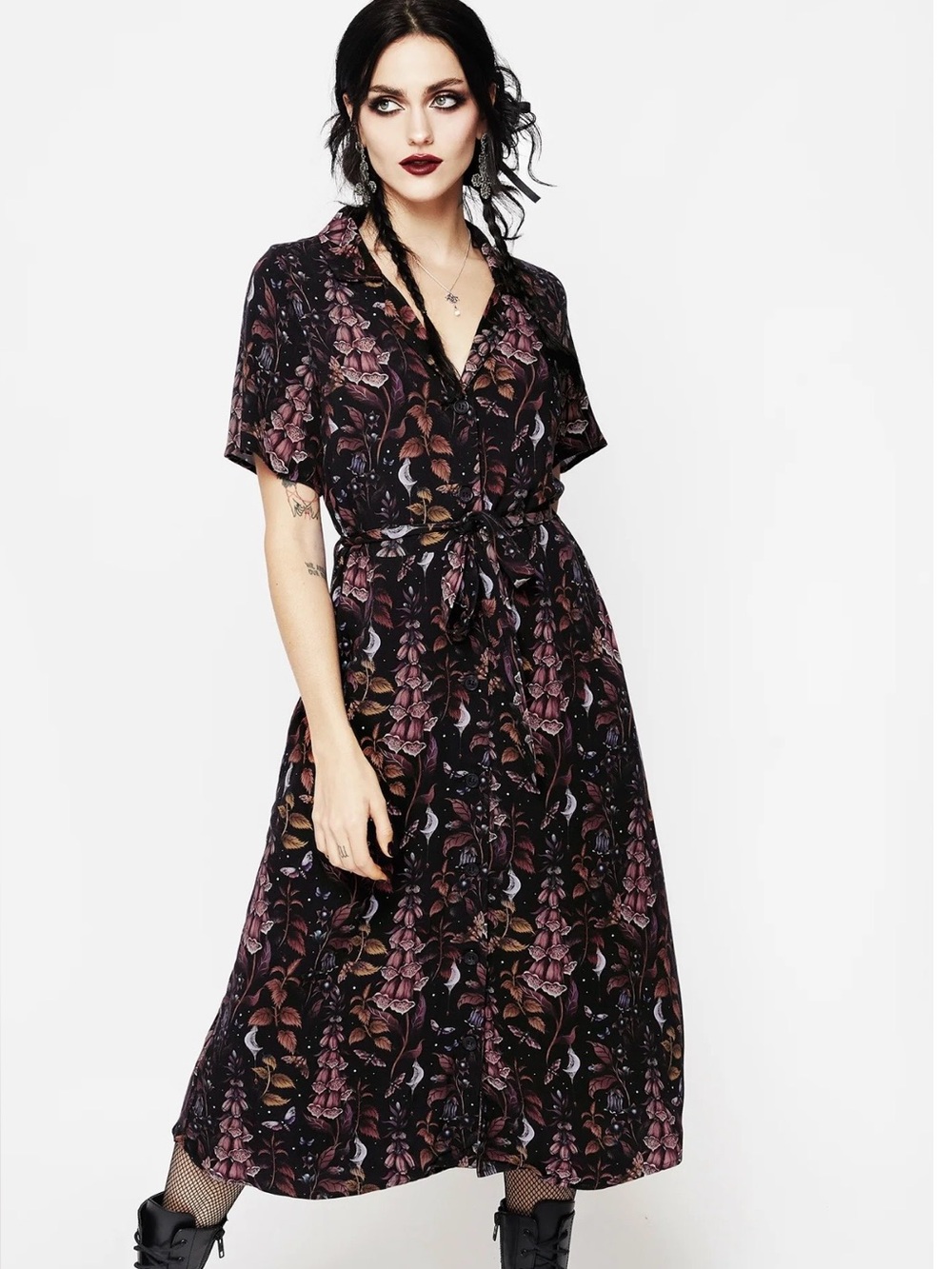 Disturbia Black Floral Button-Front Midi Dress with Multicolor Print
